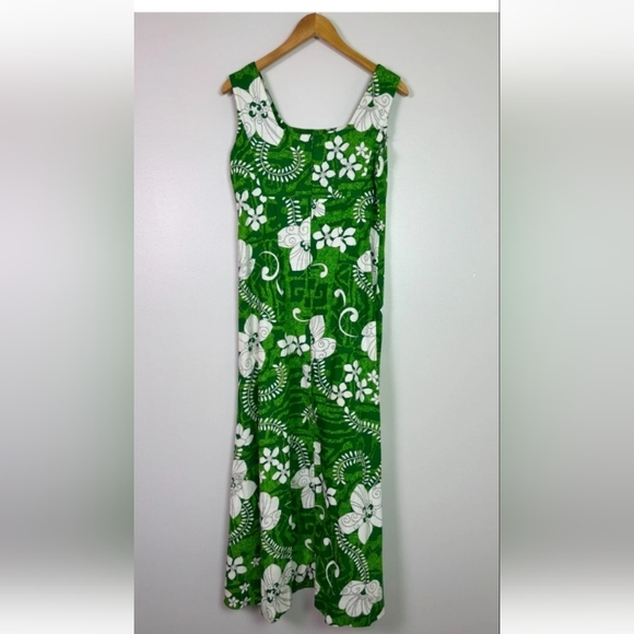 Vintage Hukilau Fashions Hawaiian Green White Floral Maxi Sleeveless Dress 12 L - Picture 3 of 16